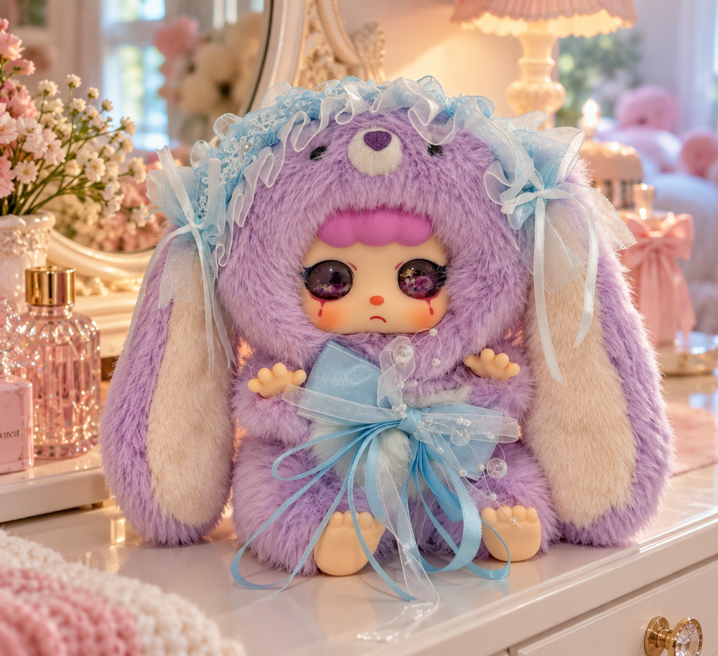Purple long-eared Kebidou Nice to Meet You bunny plush with blue ribbons and a ruffled headpiece. Example design, not guaranteed.