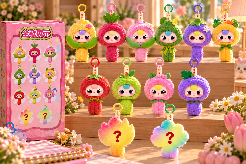 Baby Three Comb Your Hair colorful fruit-themed plush pendants with two mystery silhouettes. Possible designs, not a full set included.