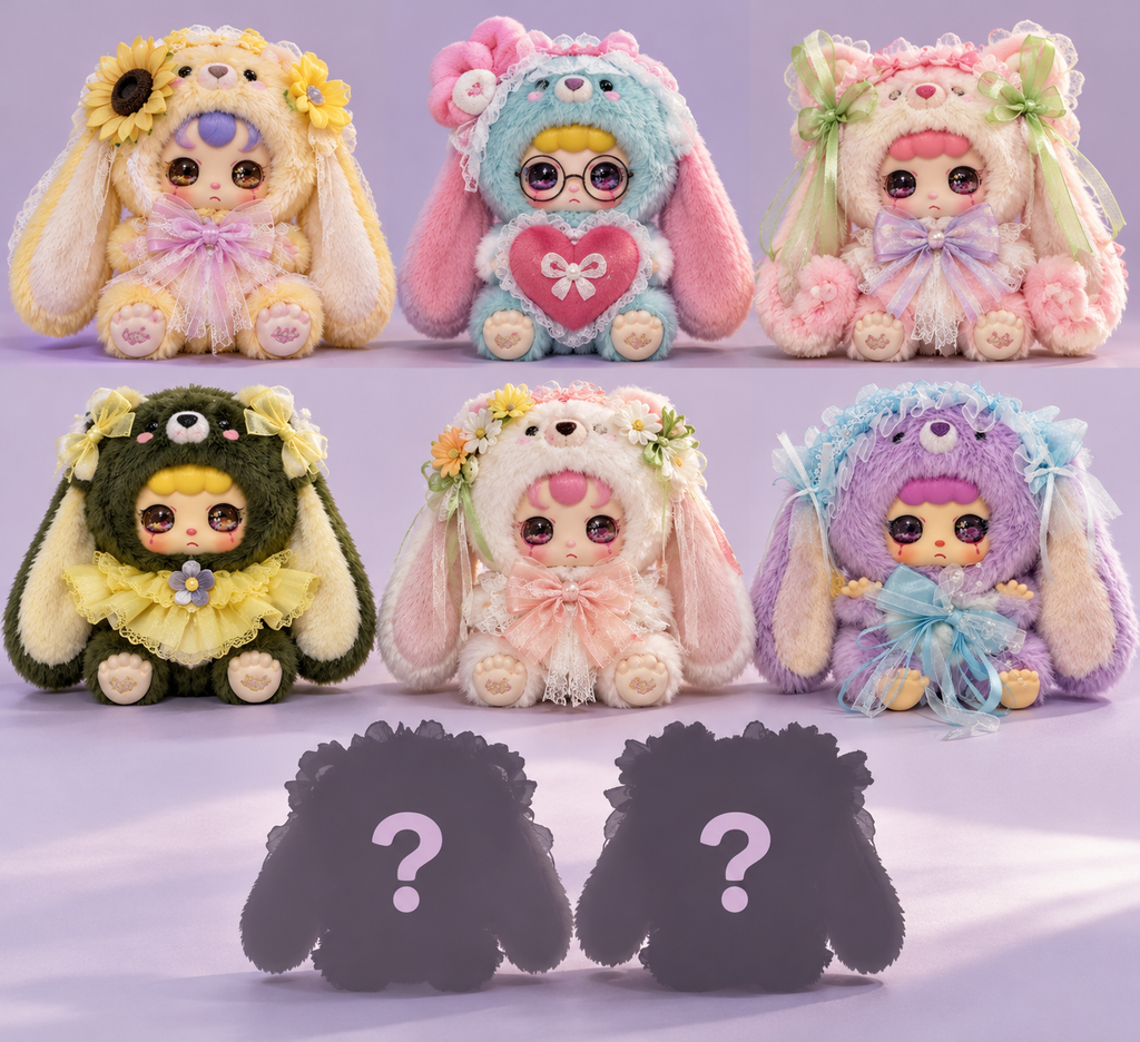 Kebidou Nice to Meet You assortment showing six decorated long-eared bunny plush designs and two mystery silhouettes. Possible designs, not a full set included.