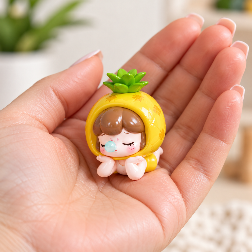 Nanci Fruit pineapple figure held in a hand, showing one possible blind box design. Random figure included; pineapple not guaranteed.