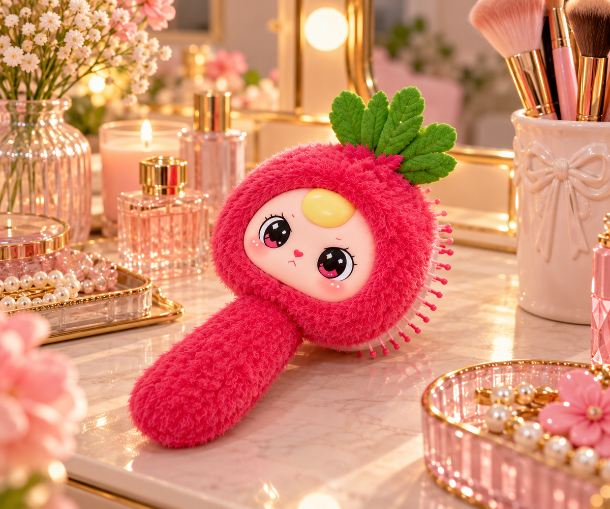 Pink fruit-themed Baby Three Comb Your Hair brush on a vanity. Pictured design is one possibility, not guaranteed.