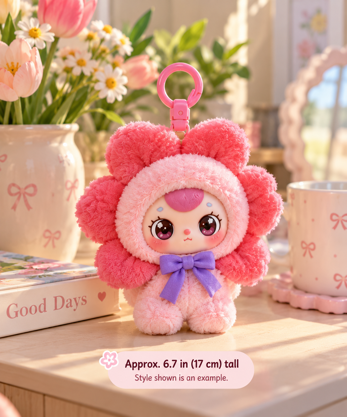 Pink flower Baby Three Where is Spring plush pendant. Image labels approximate height as 6.7 inches (17 cm); style shown is an example.