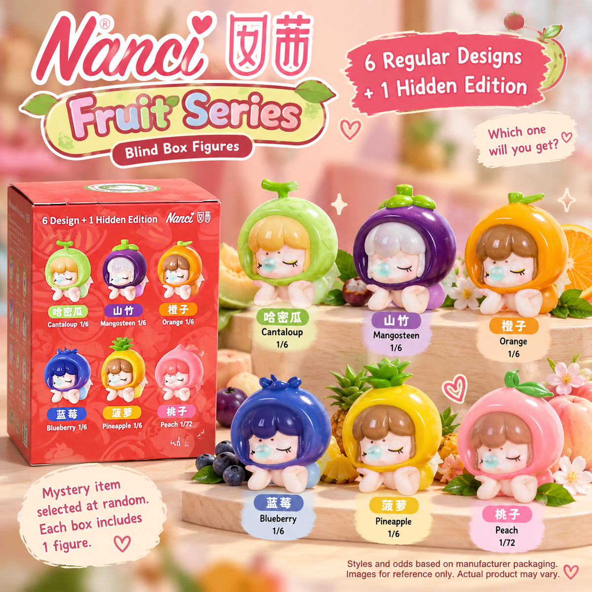 Nanci Fruit Series blind box packaging and fruit-themed figures in cantaloupe, mangosteen, orange, blueberry, pineapple, and peach designs.